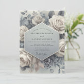 Invitation Mariage Éthéré Fleur Bleue Ardoise (Debout devant)