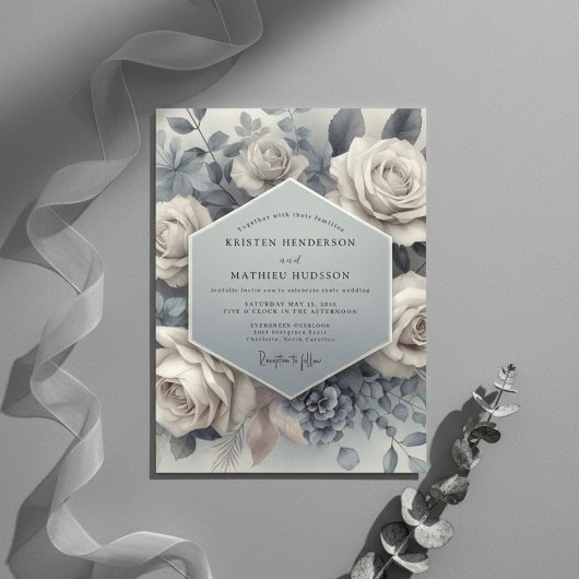 Invitation Mariage Éthéré Fleur Bleue Ardoise