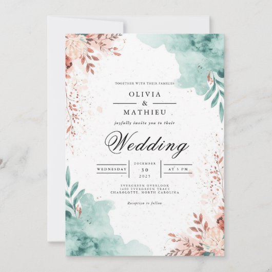 Invitation Mariage Éthéré Teal & Blush Flourish (Devant)