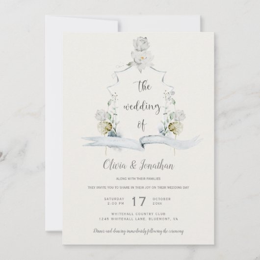 Invitation Mariage Ethereal White Floral Sage Green Crest (Devant)