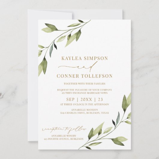 Invitation Mariage Ethéréel Conte de Fées Verdure Vignes Doré (Devant)
