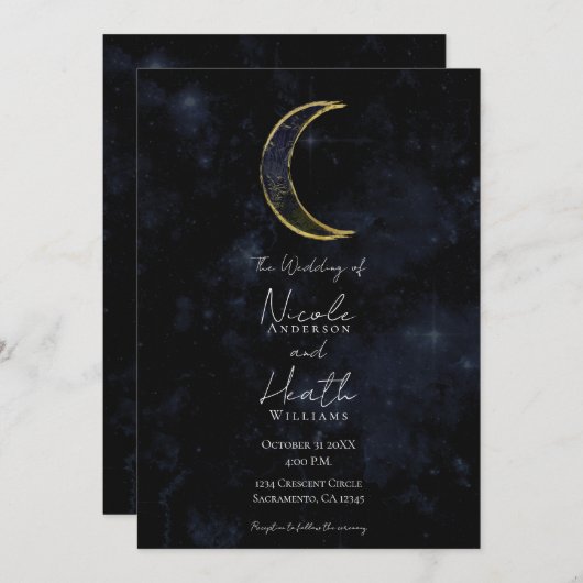 Invitation Mariage étoilé de la Lune noire d'or (Devant / Derrière)