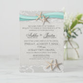 Invitation Mariage étoile de mer dentelle grise et aqua (Debout devant)