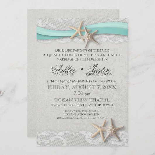 Invitation Mariage étoile de mer dentelle grise et aqua (Devant / Derrière)