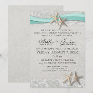 Invitation Mariage étoile de mer dentelle grise et aqua