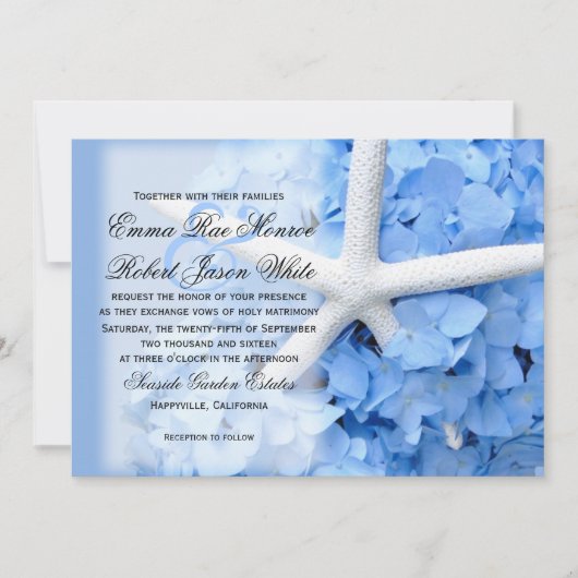Invitation Mariage étoile de mer et Hydrangea bleu tropical (Devant)