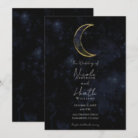 Invitation Mariage étoilé de nuit céleste de lune noire d'or (Devant / Derrière)