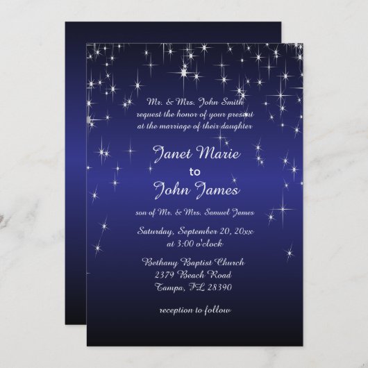 Invitation Mariage étoilé en bleu foncé (Devant / Derrière)