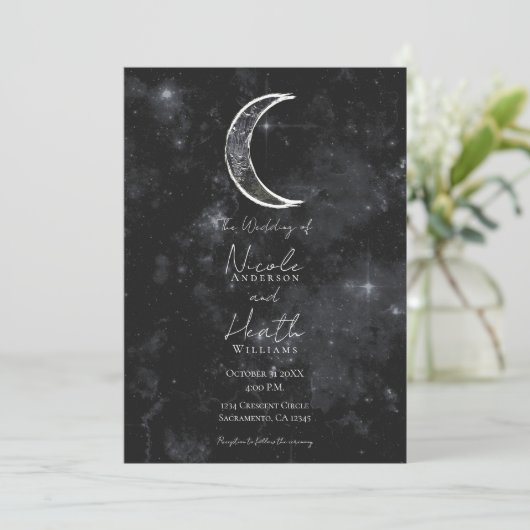 Invitation Mariage étoile noir blanc Lune céleste (Debout devant)