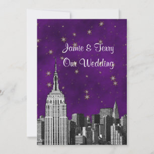 Invitation Mariage étoilé violet avec vue sur la skyline de N