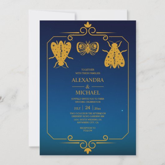 Invitation Mariage Étoiles Célestes Bleu Mystique Or (Devant)