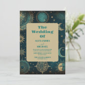 Invitation Mariage Étoiles Dorées Vert Minuit Céleste (Debout devant)