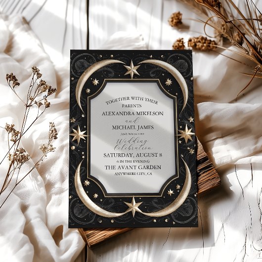 Invitation Mariage Étoiles Lune Noire Minuit Céleste