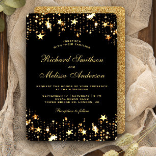 Invitation Mariage Étoiles Pailletées Or Noir Luxueux