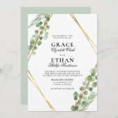 Invitation Mariage Eucalyptus à cadre doré géométrique (Devant / Derrière)