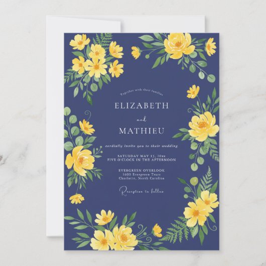 Invitation Mariage Eucalyptus à Feuillage Doré Indigo (Devant)