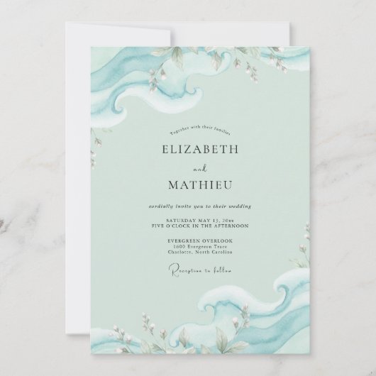 Invitation Mariage Eucalyptus Aqua Ocean Wave (Devant)