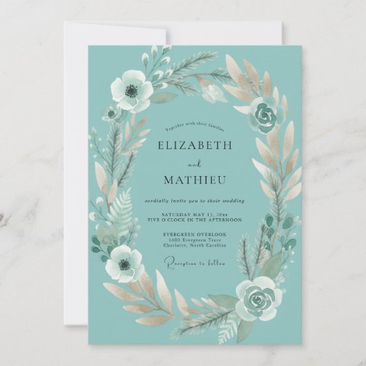Invitation Mariage Eucalyptus au feuillage blanc sarcelle (Devant)