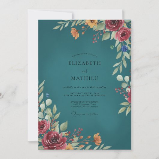 Invitation Mariage Eucalyptus au feuillage bordeaux sarcelle (Devant)