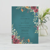 Invitation Mariage Eucalyptus au feuillage bordeaux sarcelle (Debout devant)