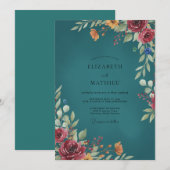 Invitation Mariage Eucalyptus au feuillage bordeaux sarcelle (Devant / Derrière)