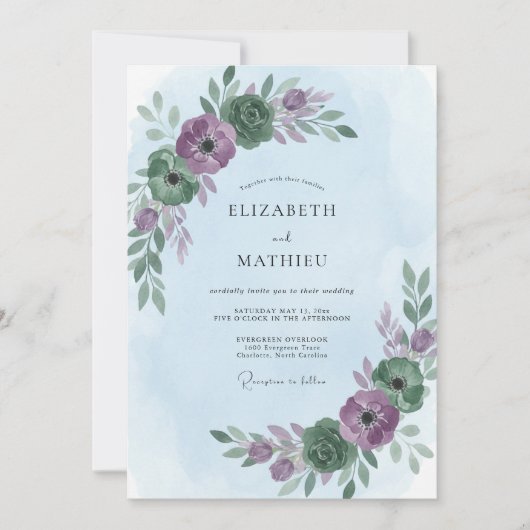 Invitation Mariage Eucalyptus au feuillage de Pervenche prune (Devant)