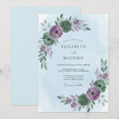 Invitation Mariage Eucalyptus au feuillage de Pervenche prune (Devant / Derrière)