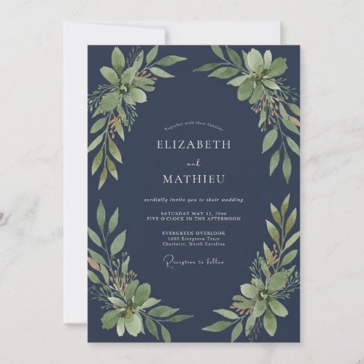 Invitation Mariage Eucalyptus au feuillage d'olive de minuit (Devant)