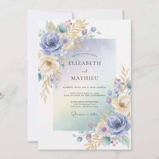 Invitation Mariage Eucalyptus au feuillage doré et au pervenc (Devant)