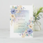 Invitation Mariage Eucalyptus au feuillage doré et au pervenc (Debout devant)