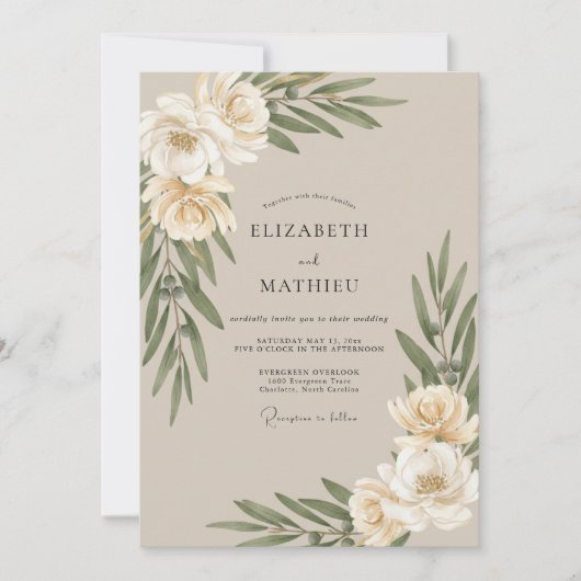 Invitation Mariage Eucalyptus au Feuillage Olive Beige (Devant)