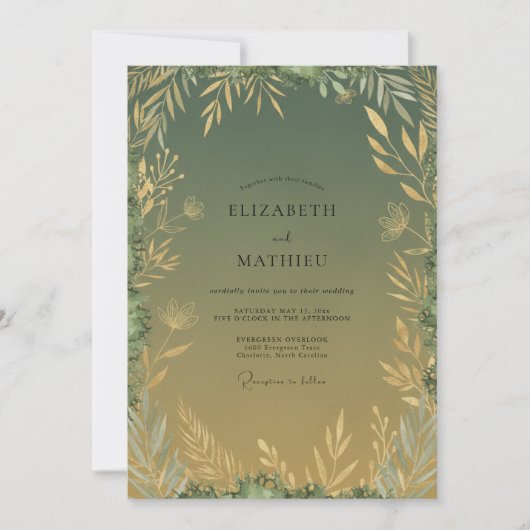 Invitation Mariage Eucalyptus au Feuillage Or Olive (Devant)