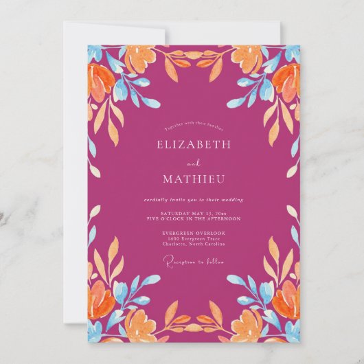 Invitation Mariage Eucalyptus au feuillage orange fuchsia (Devant)