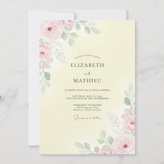 Invitation Mariage Eucalyptus au feuillage rose citron (Devant)