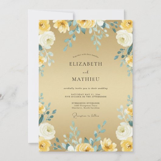 Invitation Mariage Eucalyptus au Feuillage Sarcelle Doré (Devant)