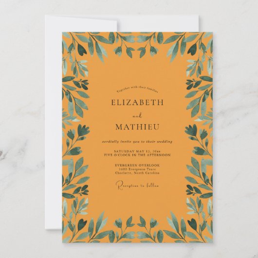 Invitation Mariage Eucalyptus au feuillage sarcelle moutarde (Devant)