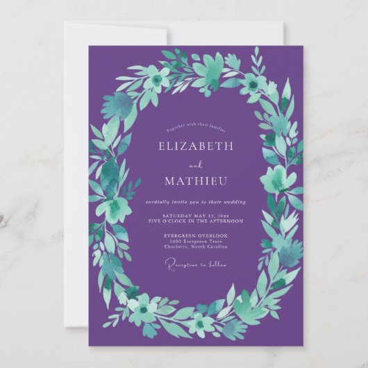 Invitation Mariage Eucalyptus au feuillage turquoise violet (Devant)