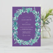 Invitation Mariage Eucalyptus au feuillage turquoise violet (Debout devant)