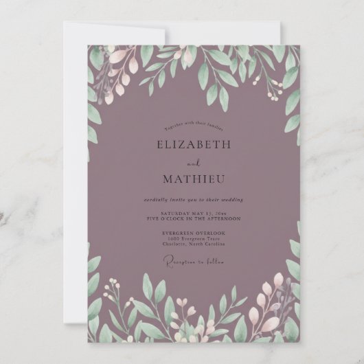 Invitation Mariage Eucalyptus au Plum Éteint (Devant)