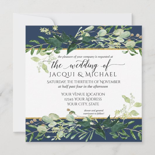 Invitation Mariage Eucalyptus bleu marine Russe (Devant)
