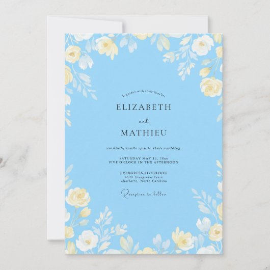 Invitation Mariage Eucalyptus Bleuet Jaune Citron (Devant)
