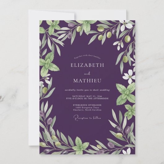 Invitation Mariage Eucalyptus Branche d'Olivier Améthyste (Devant)