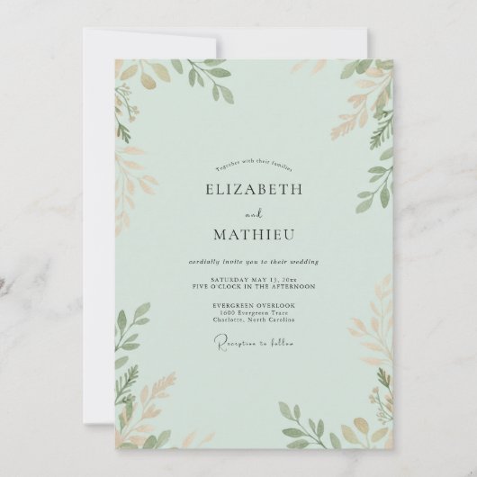 Invitation Mariage Eucalyptus Branche Or Mousse de Mer (Devant)