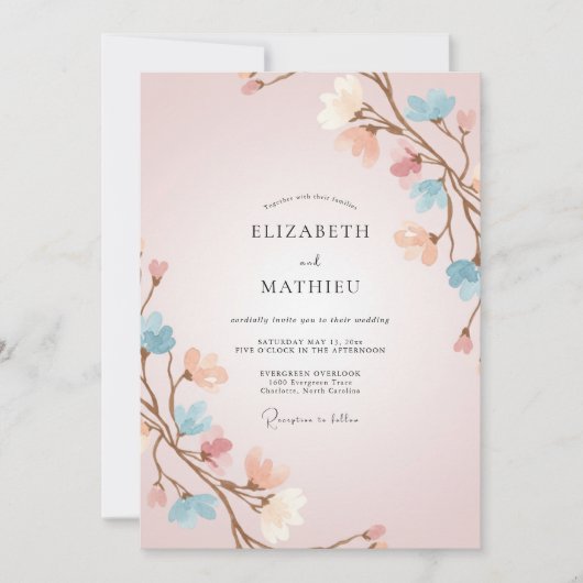 Invitation Mariage Eucalyptus Branche Pêche Rosée (Devant)