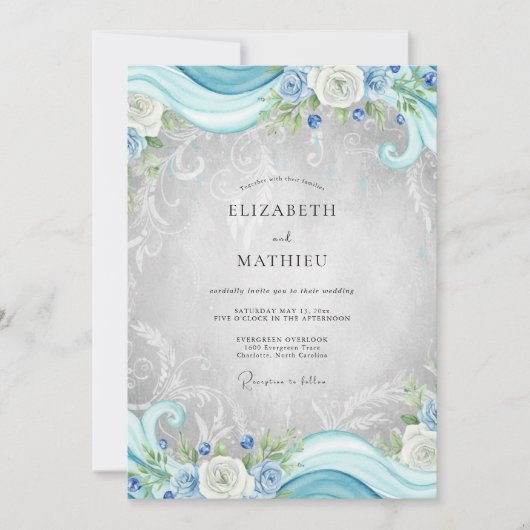 Invitation Mariage Eucalyptus Cyan Argent Filigrane (Devant)
