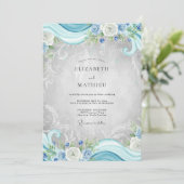 Invitation Mariage Eucalyptus Cyan Argent Filigrane (Debout devant)