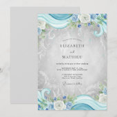 Invitation Mariage Eucalyptus Cyan Argent Filigrane (Devant / Derrière)
