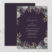 Invitation Mariage Eucalyptus Doux Feuillage Prune Doré (Devant / Derrière)