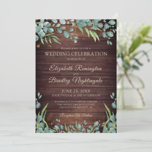 Invitation Mariage Eucalyptus en bois rustique (Debout devant)