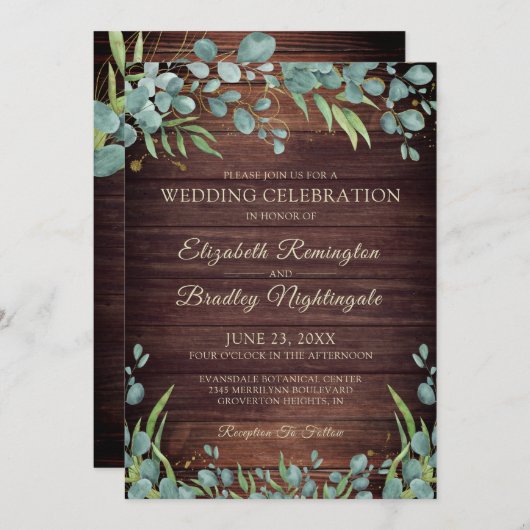 Invitation Mariage Eucalyptus en bois rustique (Devant / Derrière)